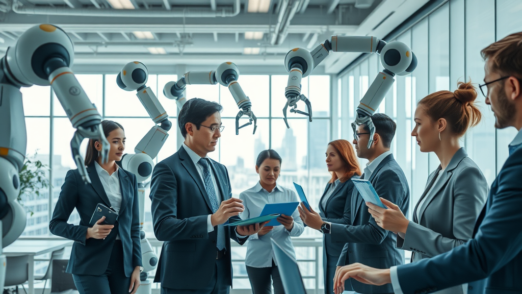 futuristic corporate office with automation, robotic arms, and professionals collaborating | automation in smart workplaces